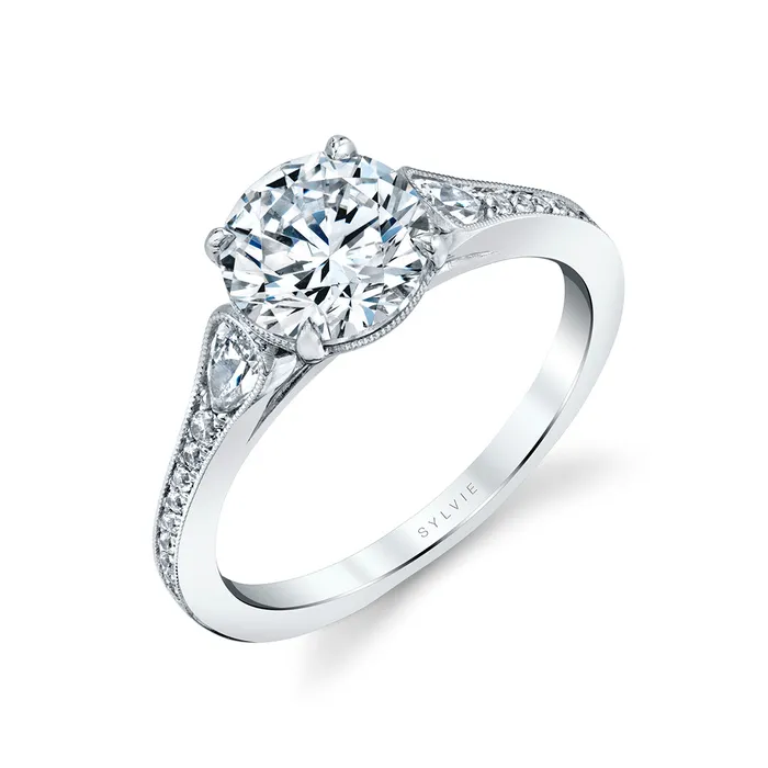 Shop IDC estore Rings Sylvie Esmeralda Round Three Stone Engagement Ring Setting Shop IDC estore Rings Sylvie Esmeralda Round Three Stone Engagement Ring Setting