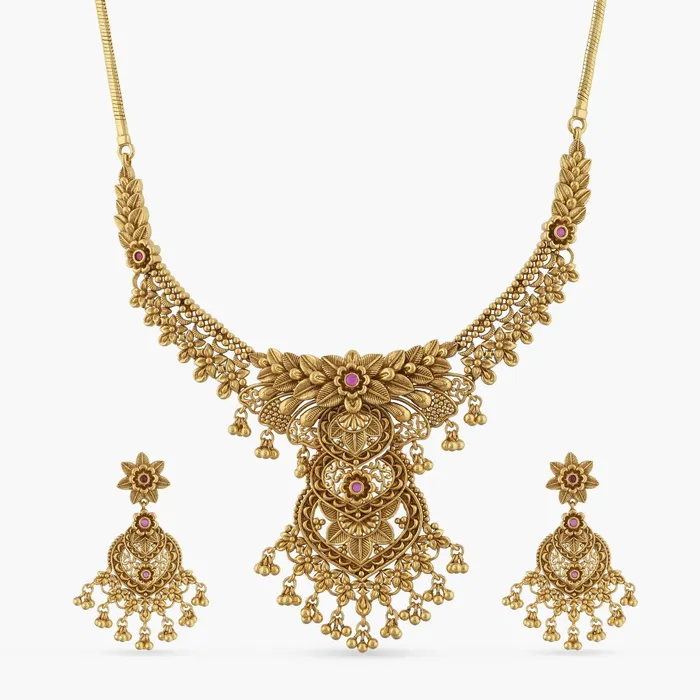 SILVER Swara Leafy Floral Silver Necklace Set Necklaces