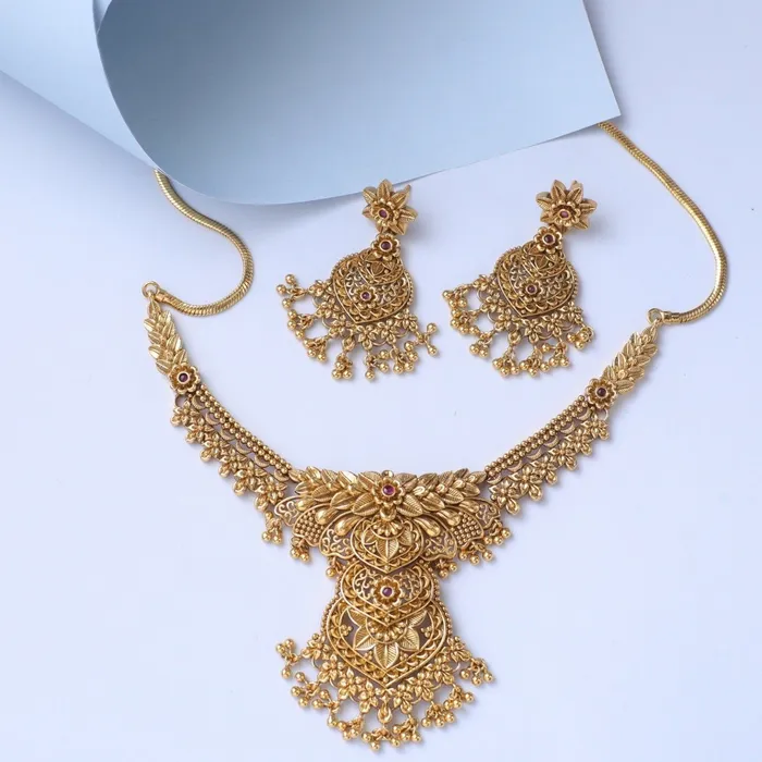 SILVER Swara Leafy Floral Silver Necklace Set Necklaces