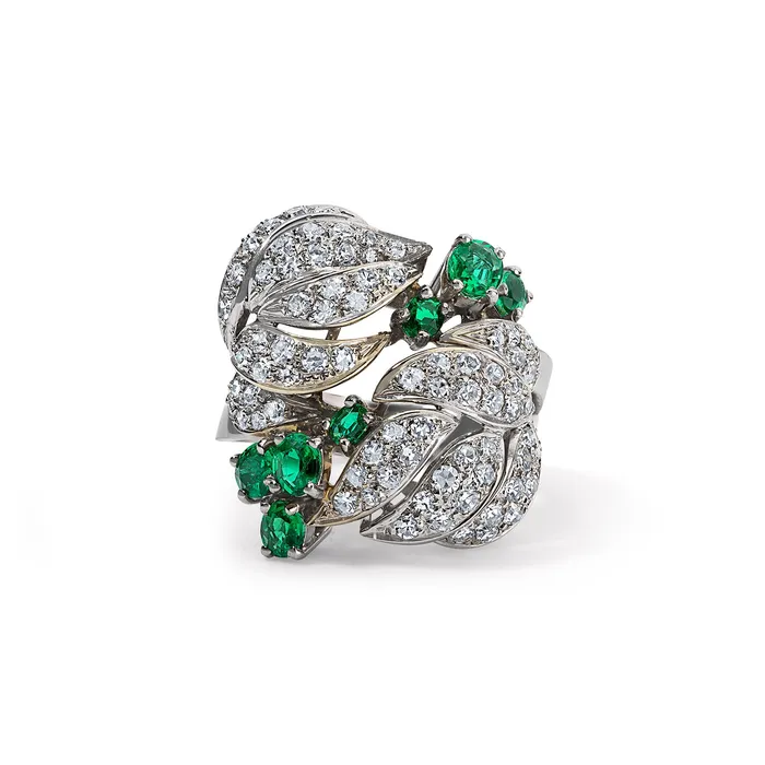 Vintage Diamond and Emerald Floral Motif Ring SG Vintage Rings